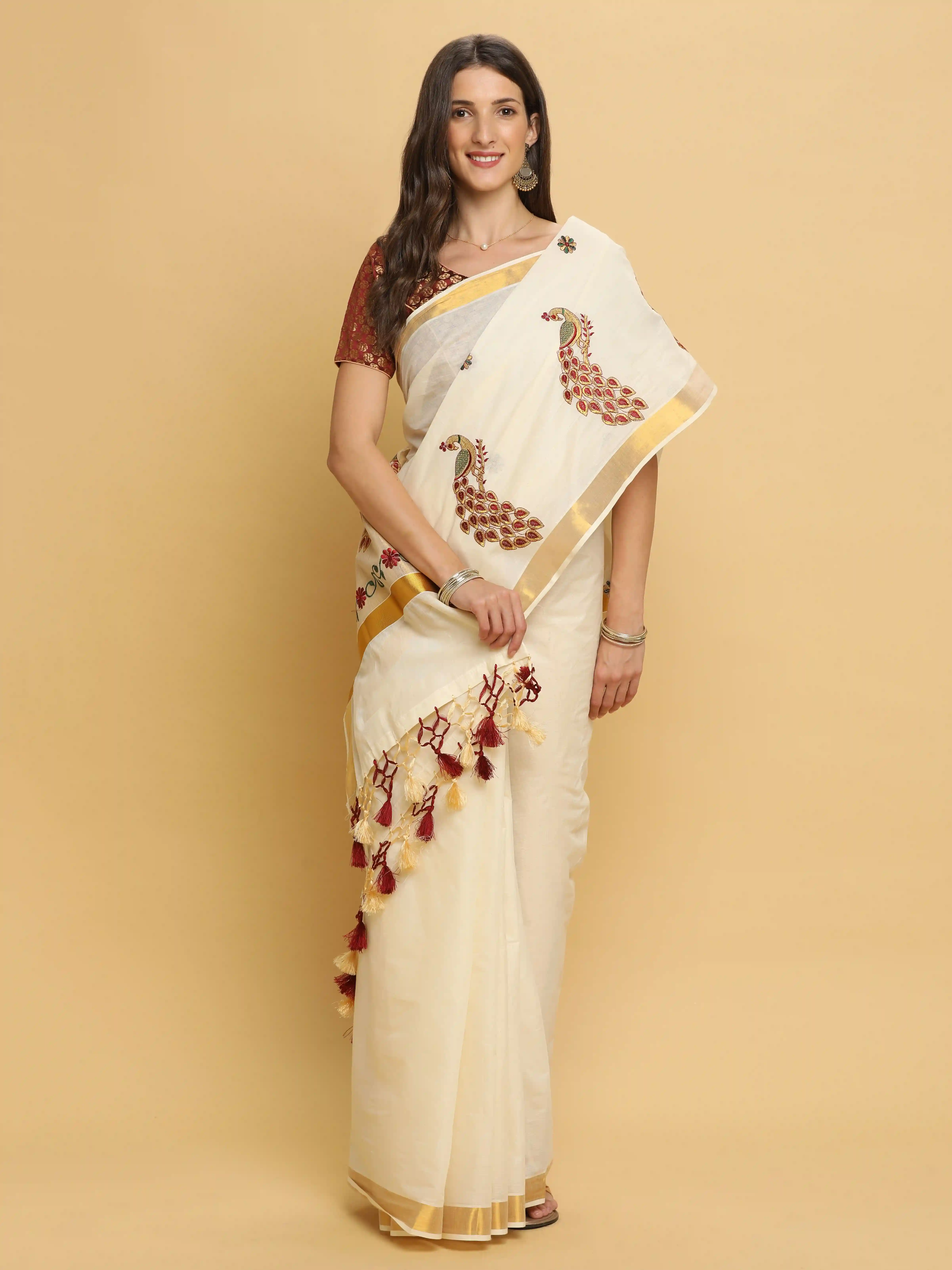 Kerala Kasavu Pure Cotton Saree With Peacock Embroidery - Off White & Maroon