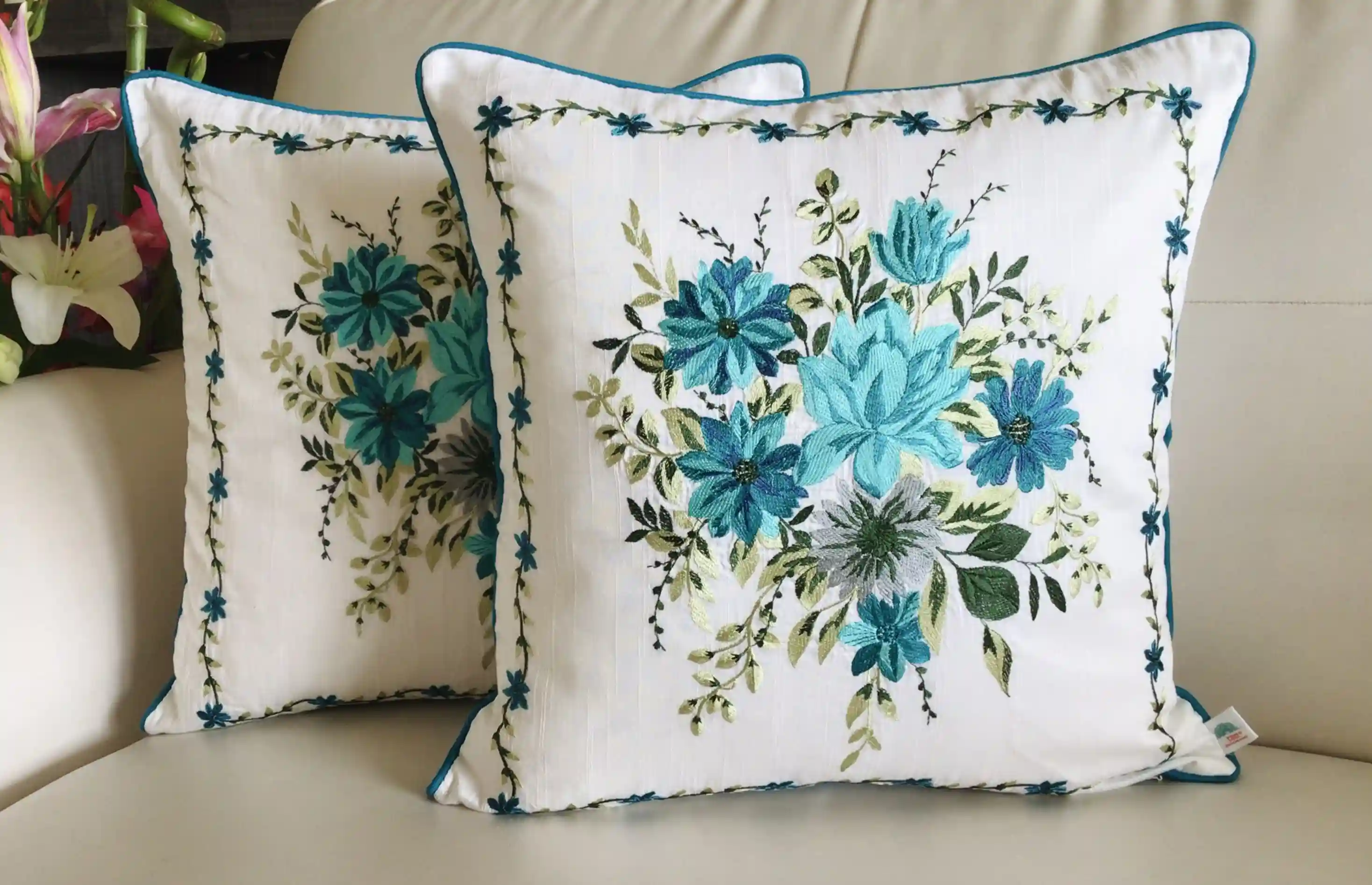 My Fairy Lady- Embroidered Cotton Silk Cushion Covers- Set of 2- Aqua Blue