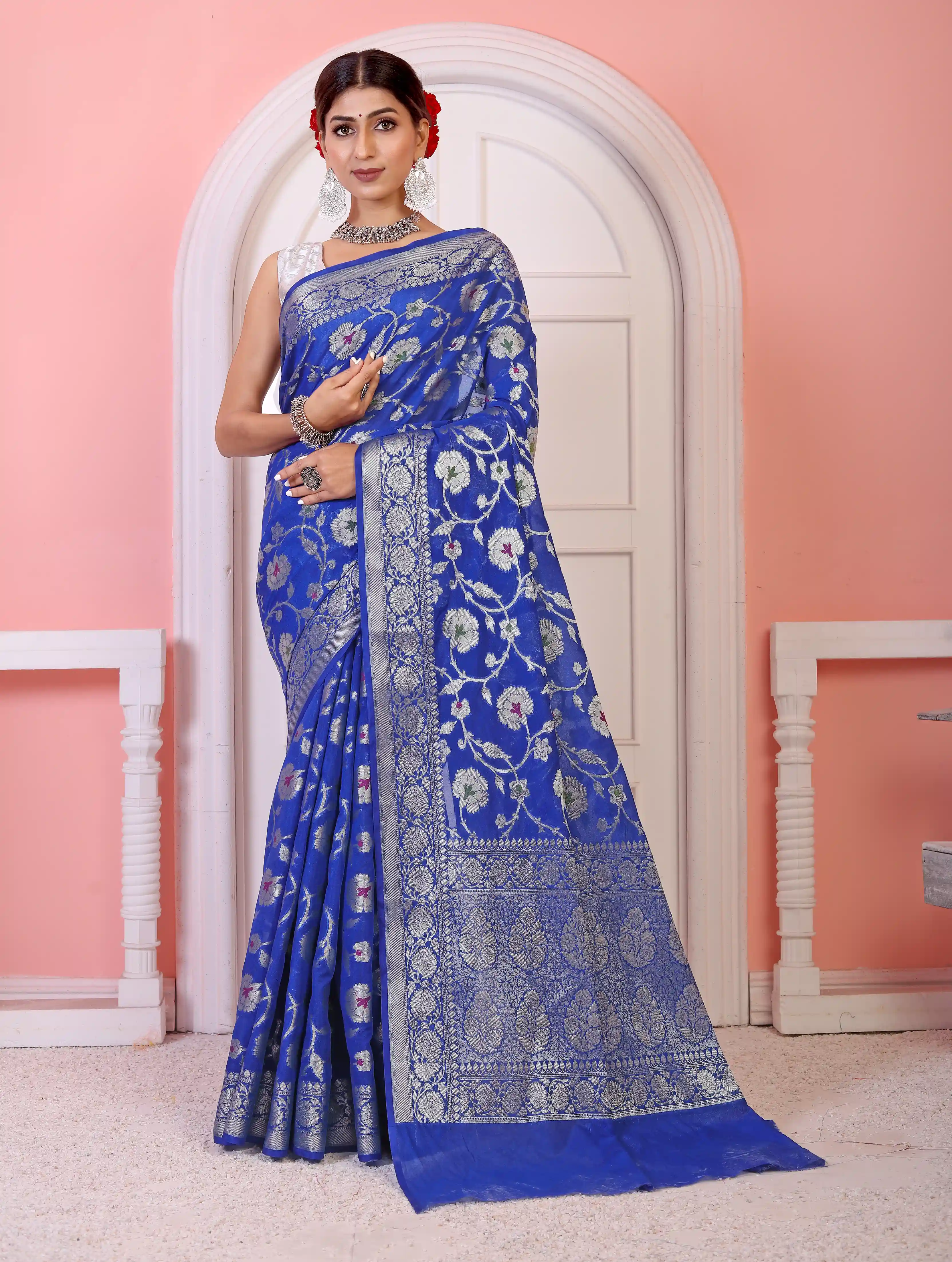 Soft Georgette Floral Banarasi Jaal Silk Saree - Blue