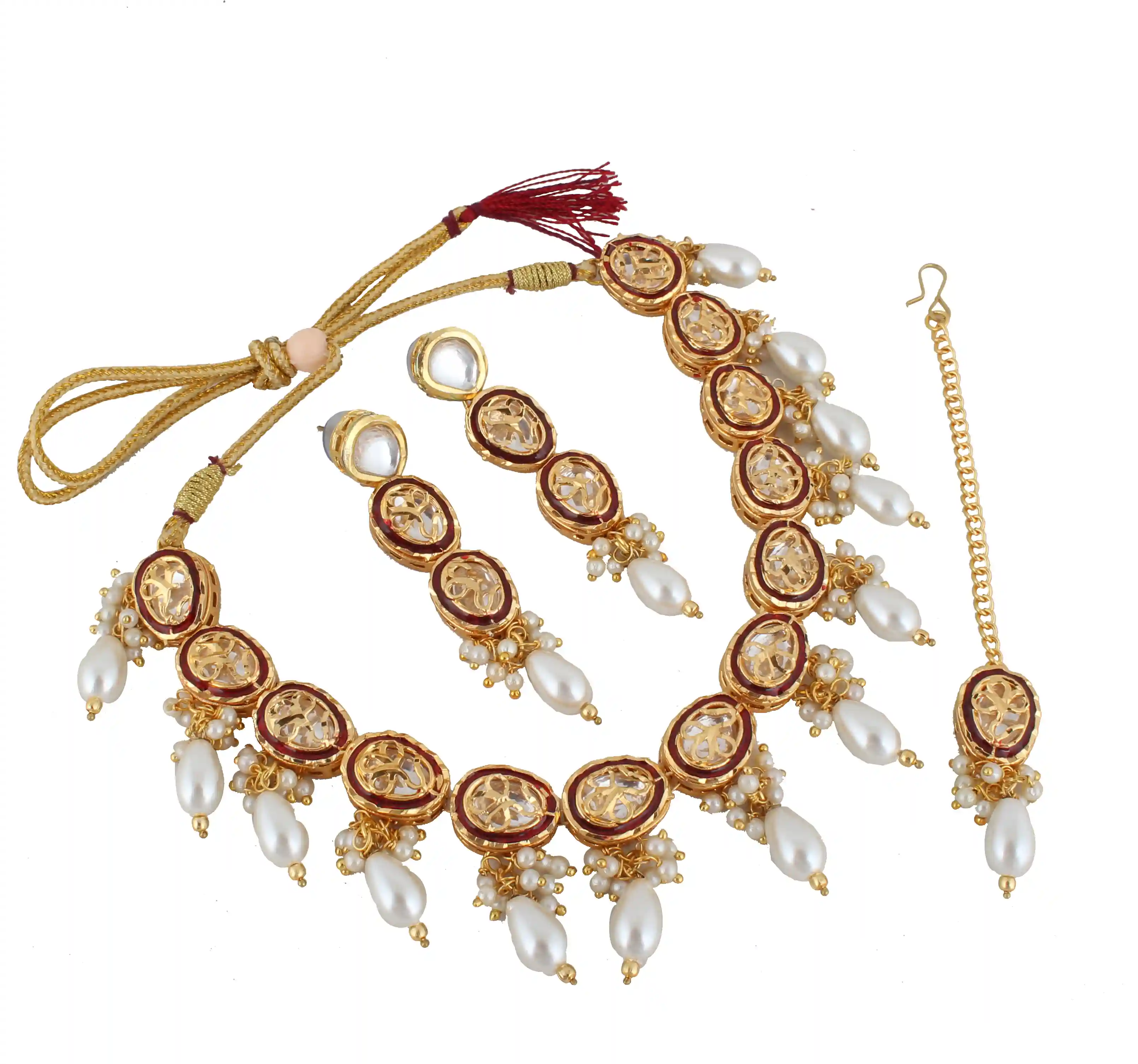 Gold Plated(18k) Meenakari Kundan Dibbi Choker Necklace Set With Maang Tika - Maroon