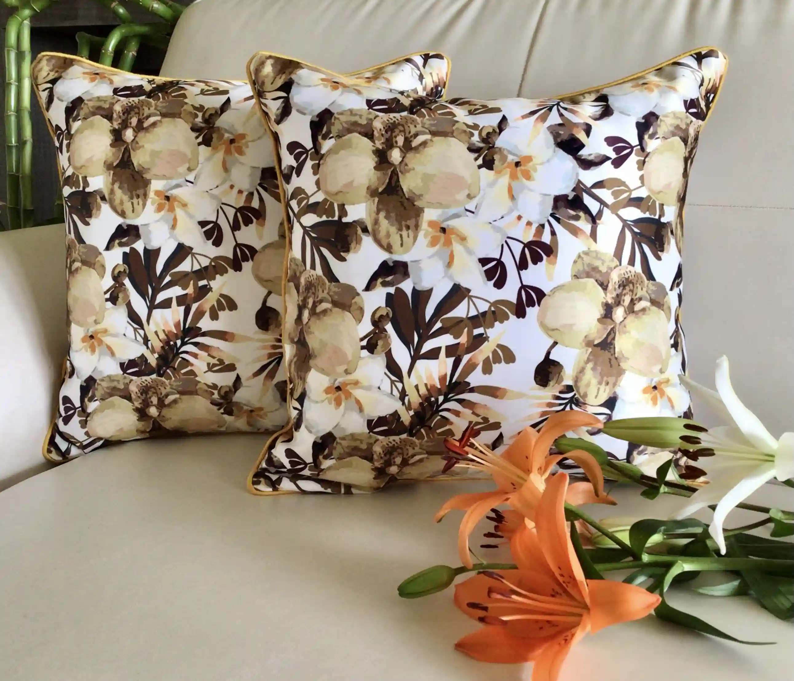 Watercolor Orchids- Reversible- Cushion Covers- Sunflower Yellow- Set of 2