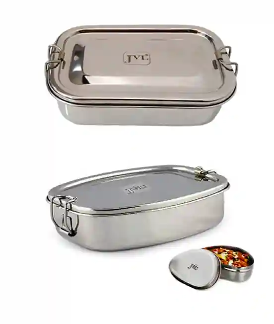 Jvl Stainless Steel Rectangular Single Layer Lunch Box With Inner Plate & Big Deluxe Lunch Box With Small Container Not Leak Proof - Pack Of 2