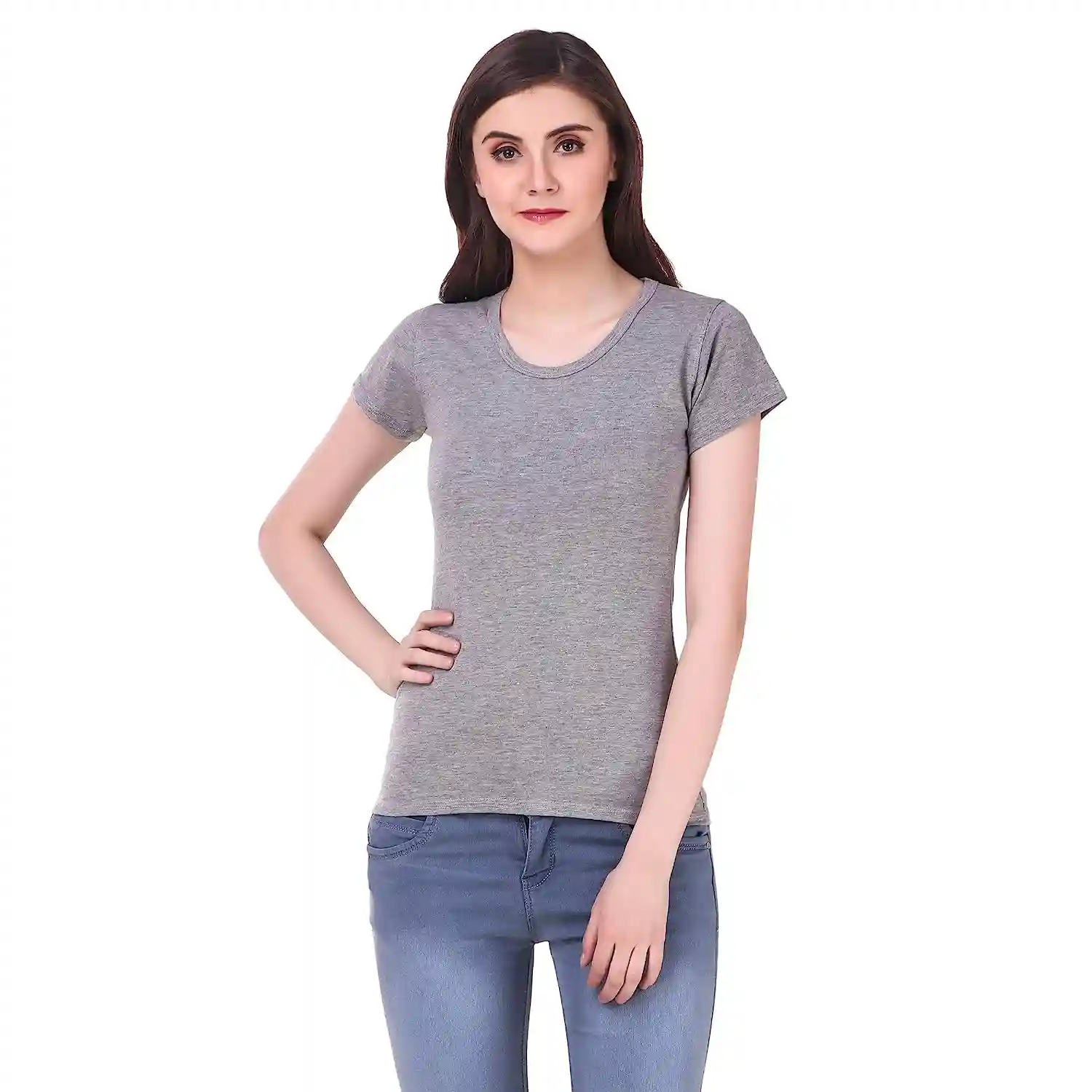 Cotton Round Neck T-Shirt For Women - Gray (Small)