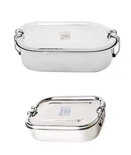 Jvl Stainless Steel Rectangular Not Leak Proof Lunch Box With Inner Plate & Small Kar Single Layer Lunch Box With Inner Plate - Set Of 2