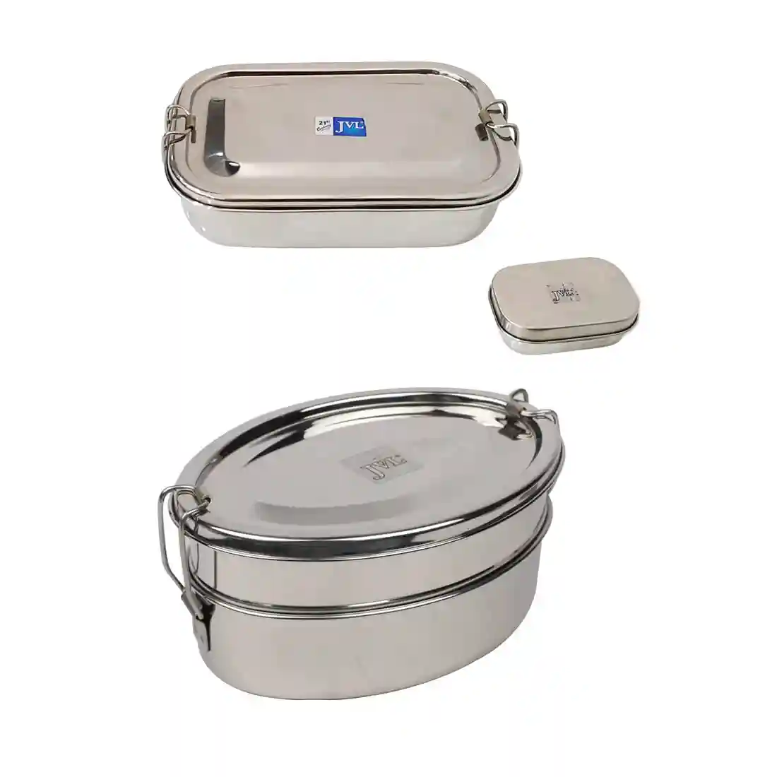 Jvl Stainless Steel Rectangular Single Layer Lunch Box With Small Container & Big Oval Double Layer Lunch Box With Inner Plate Not Leak Proof - Pack Of 2