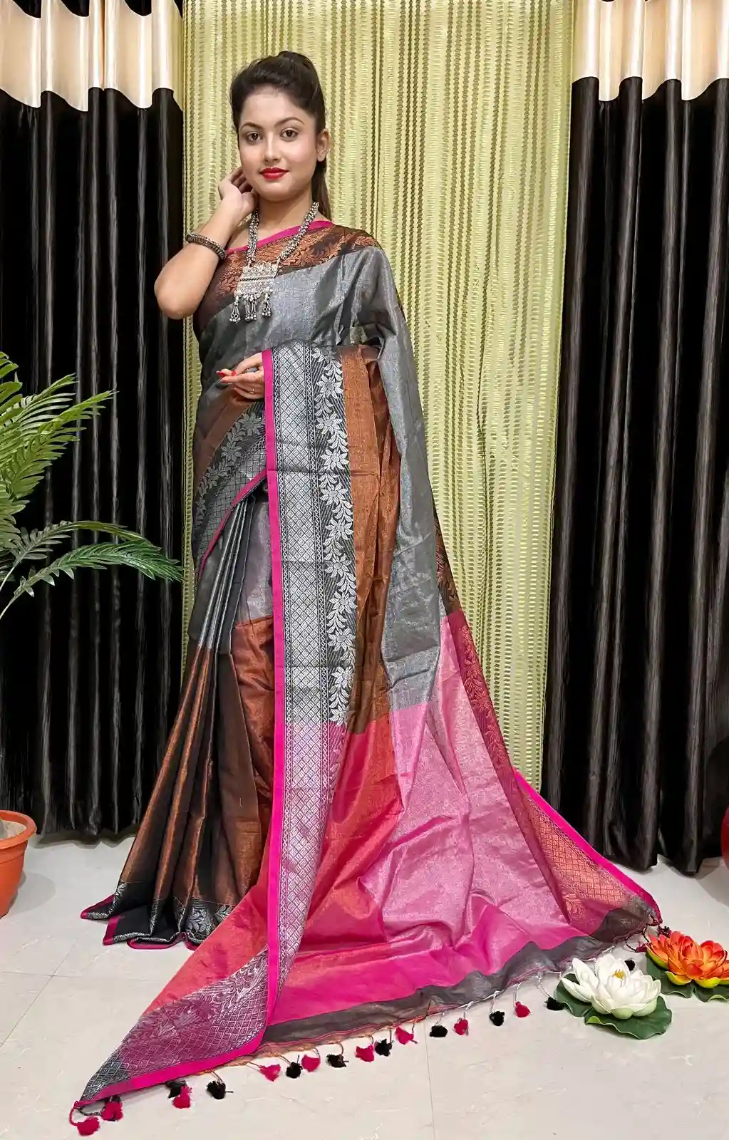 Silver and Coffee Silk Designer Border Handloom Saree