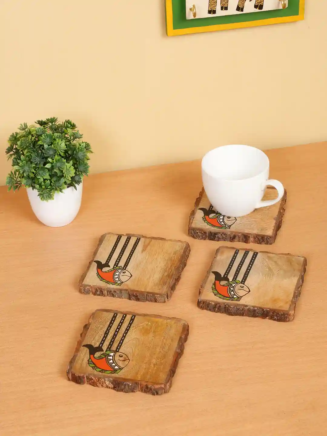 Shilpkara Madhubani Fish Mango Wood Square Coasters