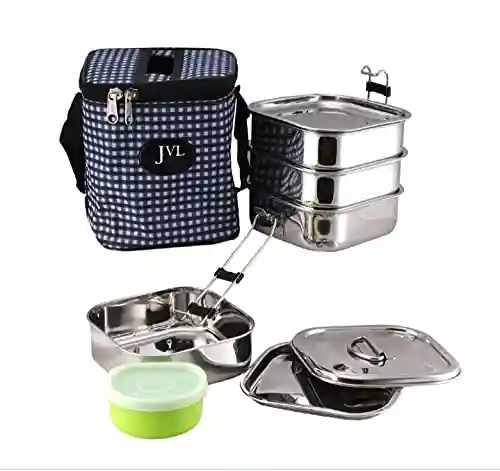 Jvl Stainless Steel Mini Square Travel Tiffin Set - 4 Compartment - Small - 1 Pcs