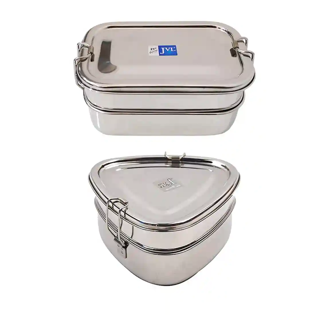 Jvl Stainless Steel Rectangular Shape Double Layer Lunch Box With Inner Plate & Small Triangle Shape Lunch Box Not Leak Proof - Pack Of 2