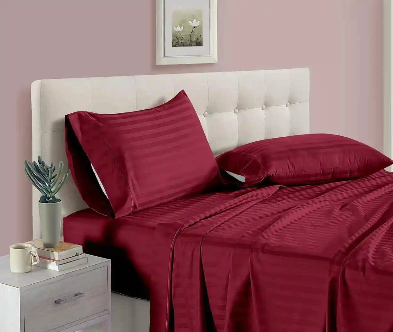 Satin Stripe Bedsheet King Size With 2 Pillow Covers - Maroon