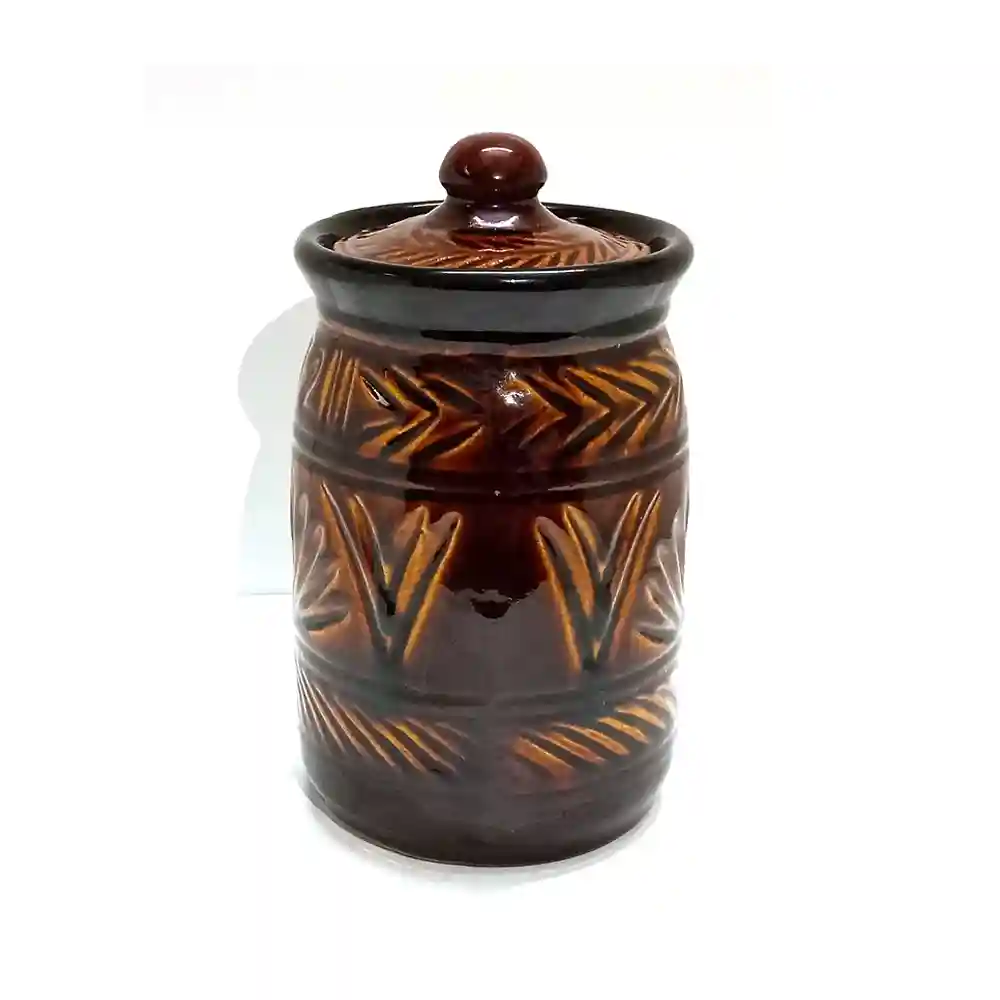 Ceramic Hand Painted Brown Storage Jar With Lid - Set Of 1