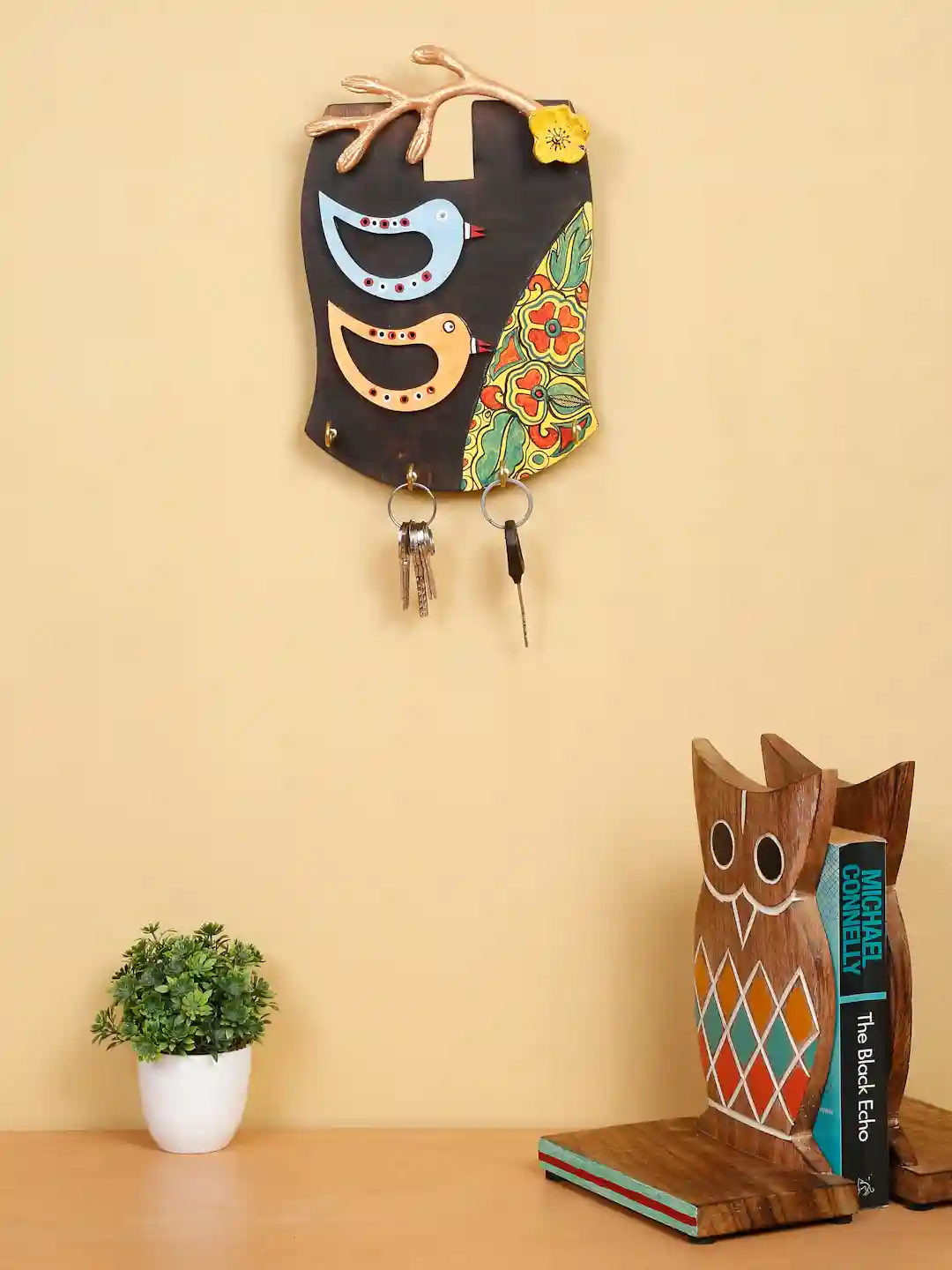 Shilpkara Tribal Bird Handpainted Wooden Key Holder for Wall