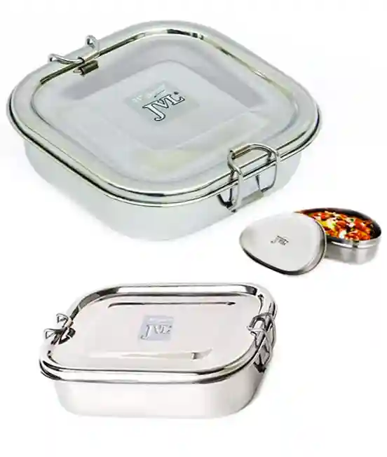 Jvl Stainless Steel Rectangular Not Leak Proof Lunch Box With Inner Plate & Small Square Lunch Box With Mini Container - Set Of 3