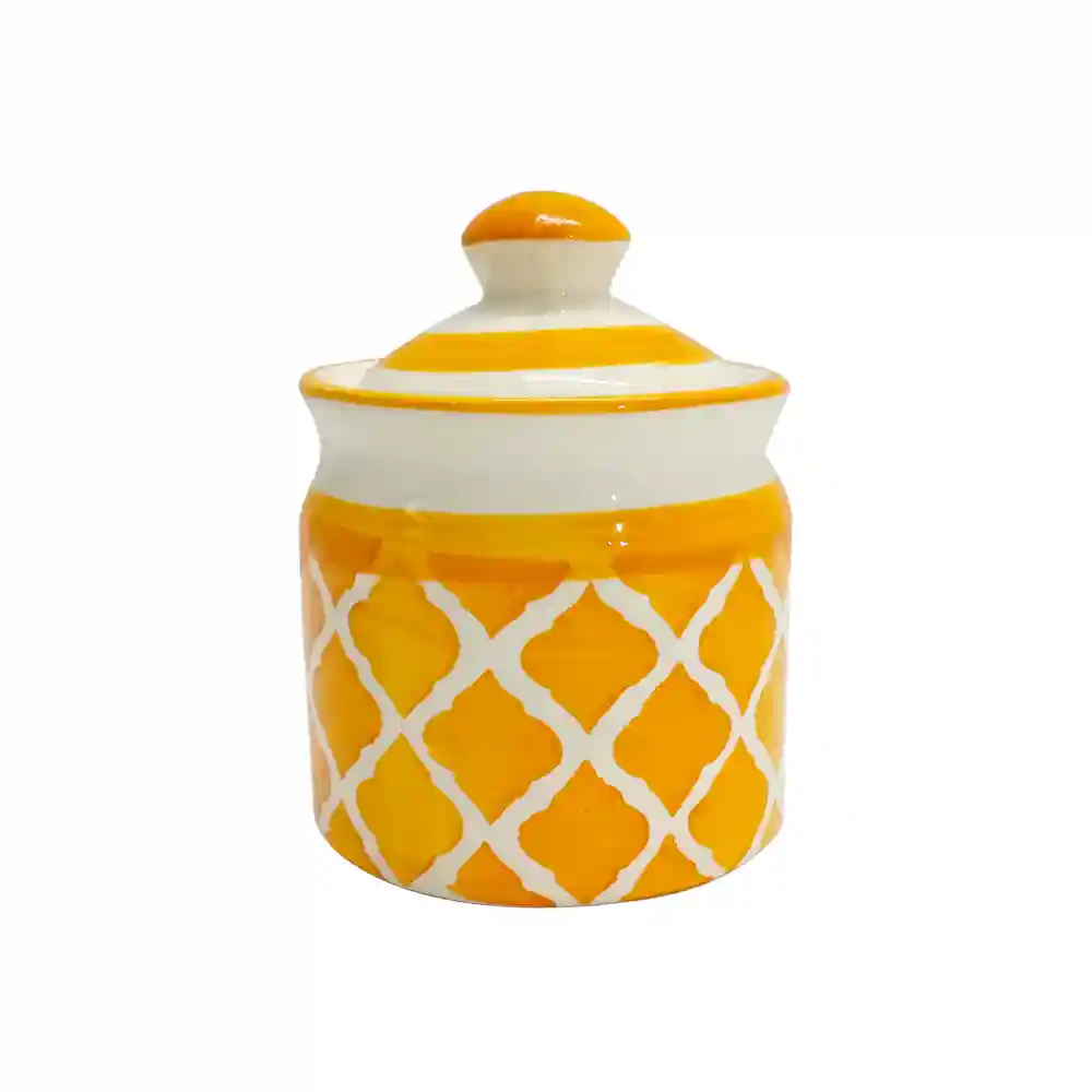 Ceramic Flower Leaves Hand Painted Multi-Use Storage Jars With Lid - Yellow (250 Gm)