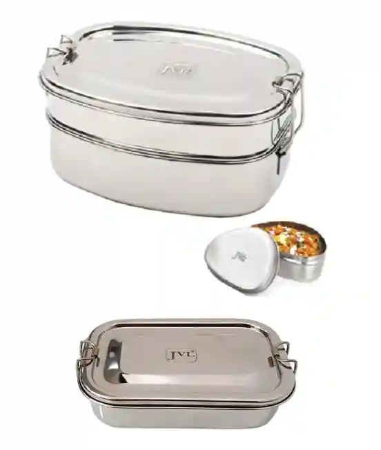 Jvl Stainless Steel Rectangular Single Layer Lunch Box With Inner Plate & Big Deluxe Double Layer Lunch Box With Small Container Not Leak Proof - Pack Of 2