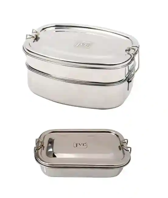 Jvl Stainless Steel Rectangular Single Layer Lunch Box With Inner Plate & Big Deluxe Double Layer Lunch Box Not Leak Proof - Pack Of 2