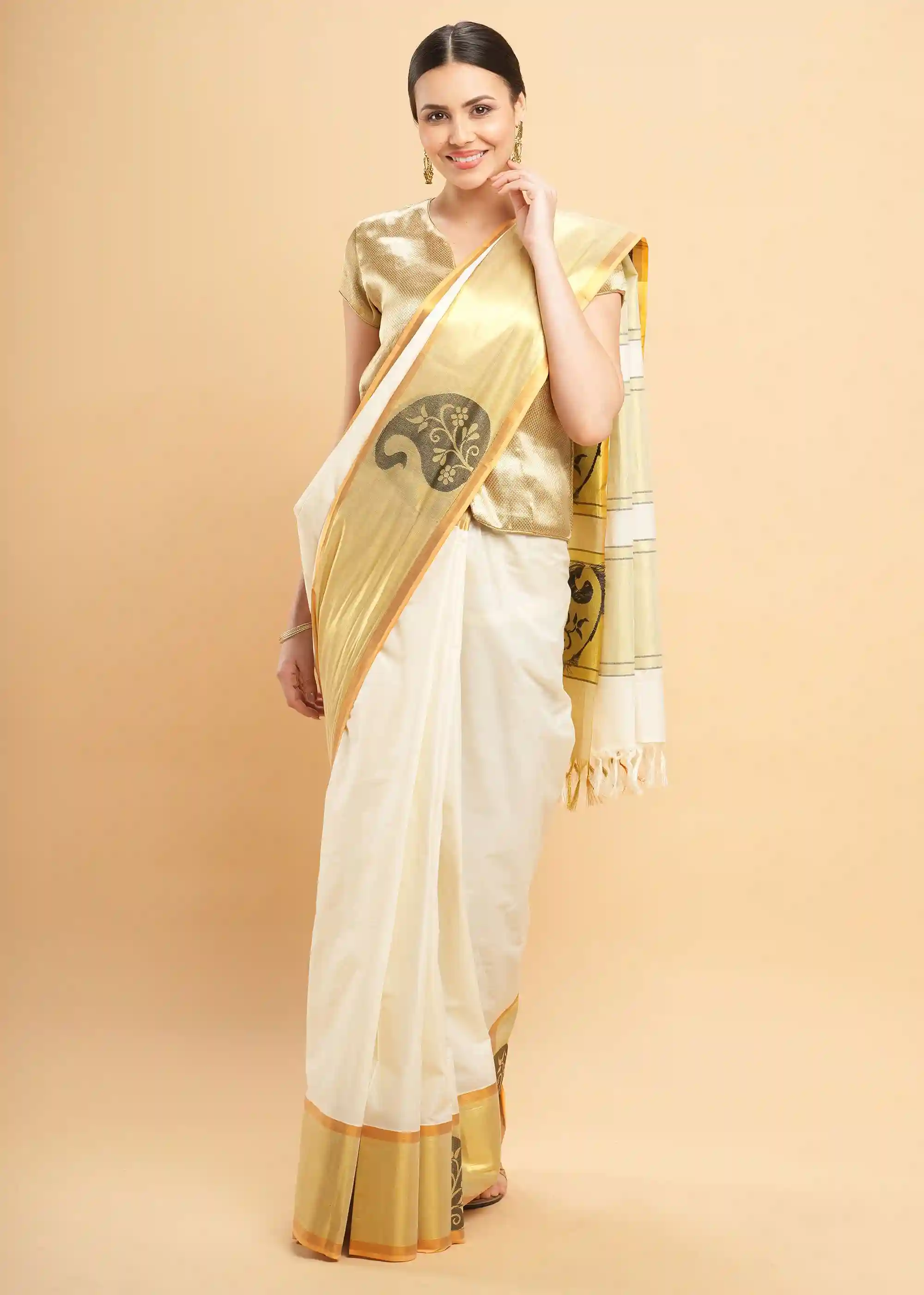 Plain Kerala Kasavu Pure Cotton Saree With Tissue Woven Border - Off White & Black