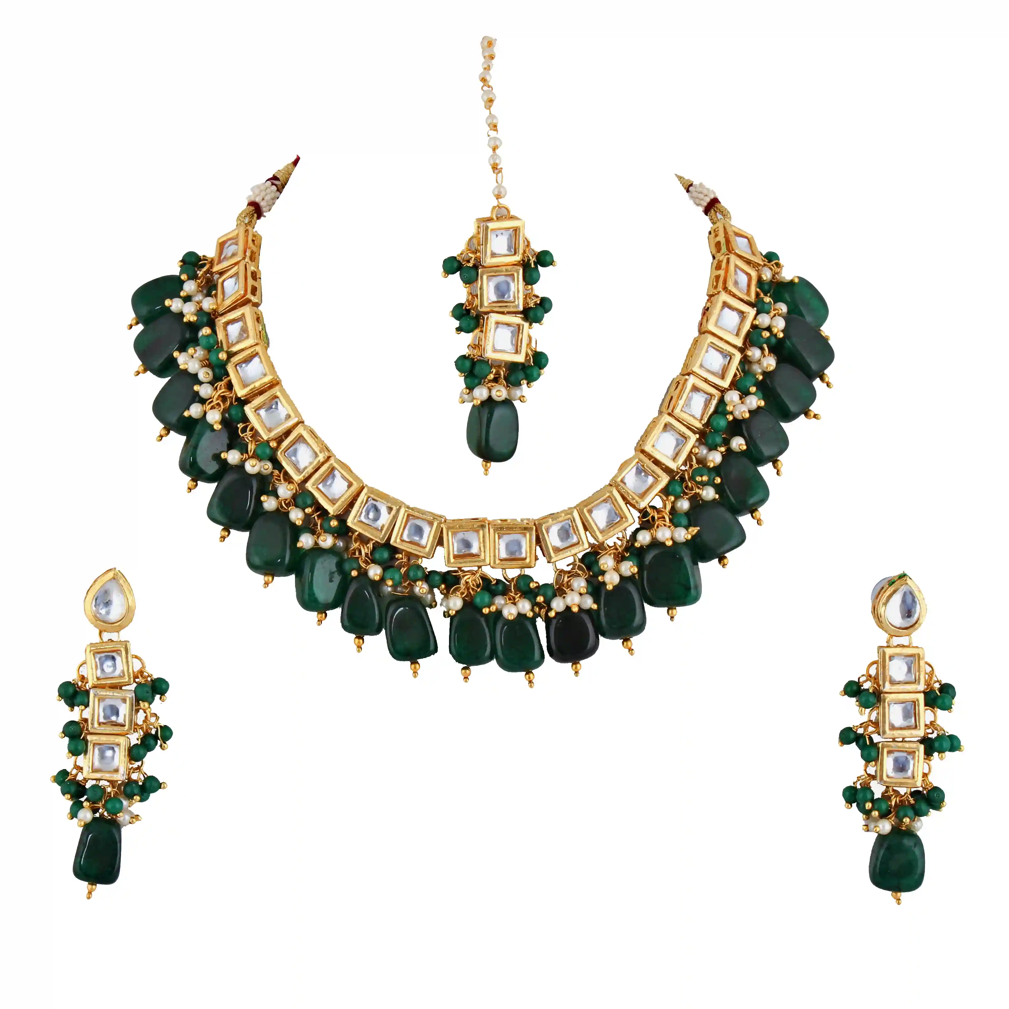 Gold Plated(18k) Meenakari Square Kundan Choker Necklace Set With Maang Tika - Green