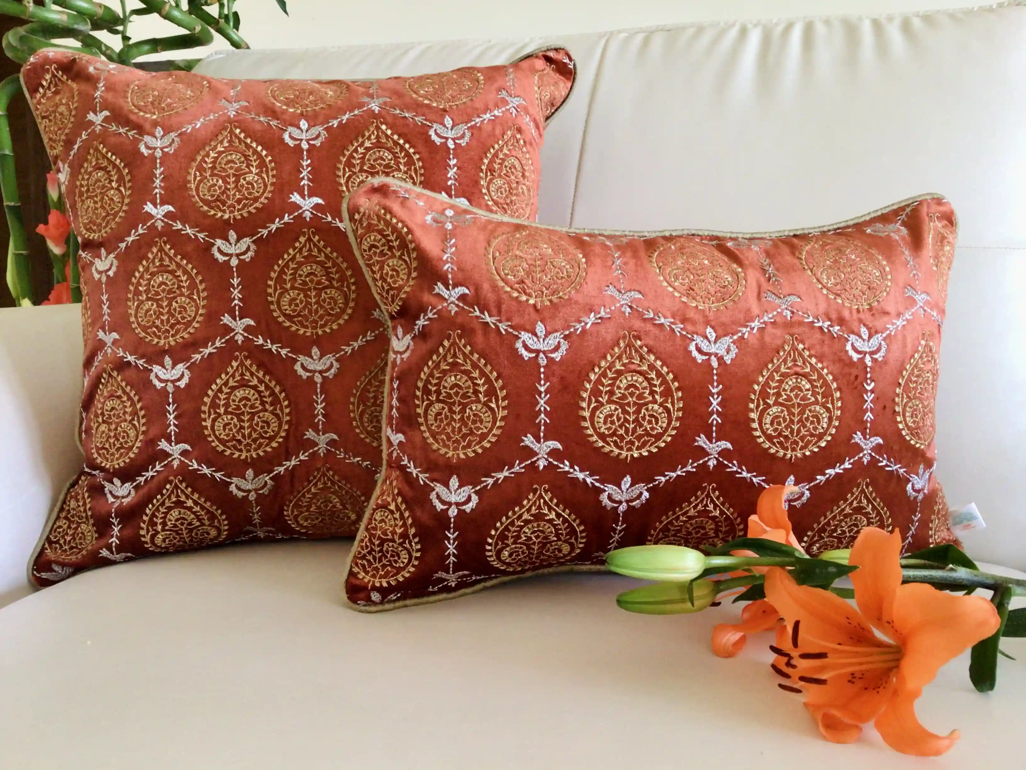 Padmini- Embroidered Luxury Velvet Cushion Cover- Burnt Orange- Set of 1