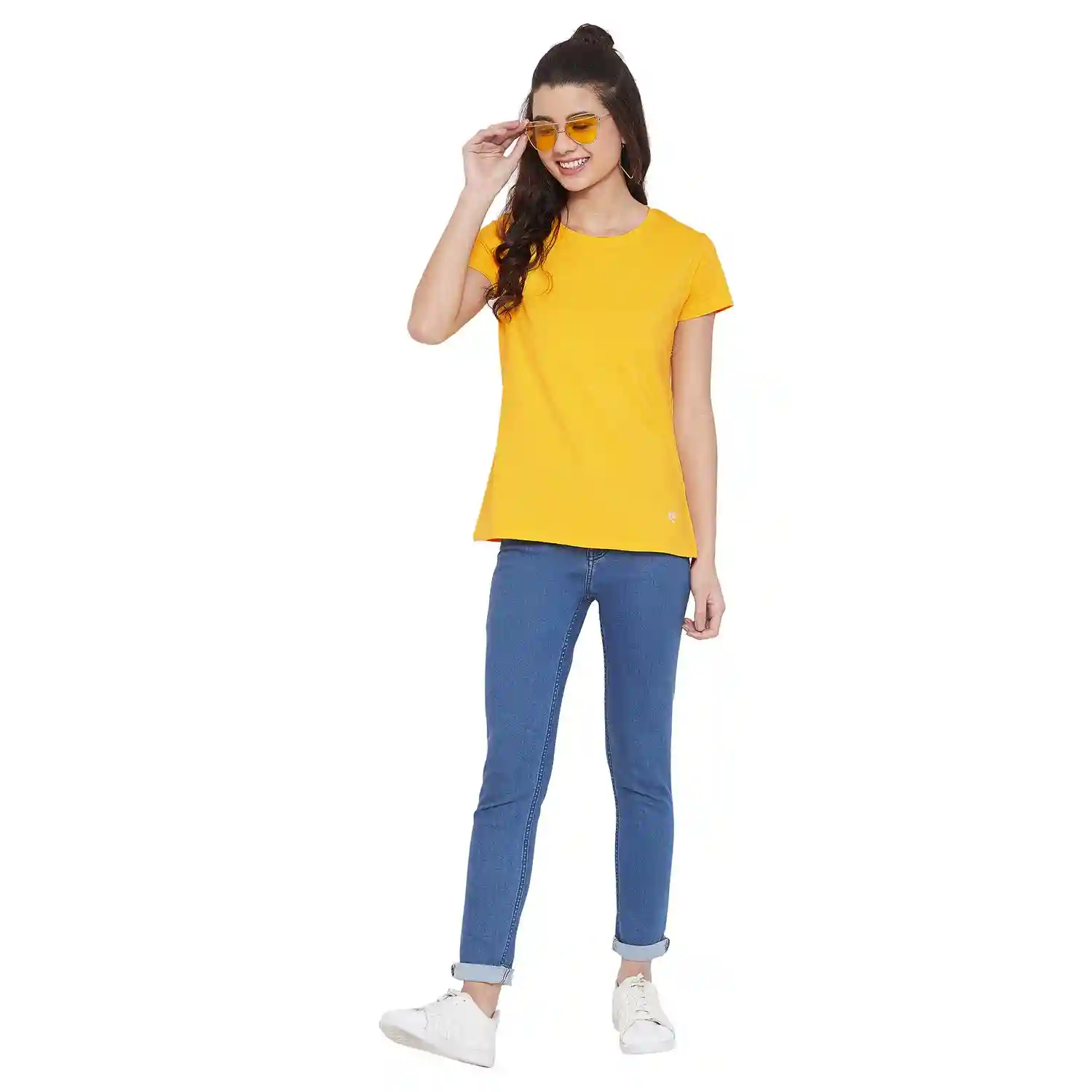 Cotton Round Neck T-Shirt For Women - Yellow (Small)